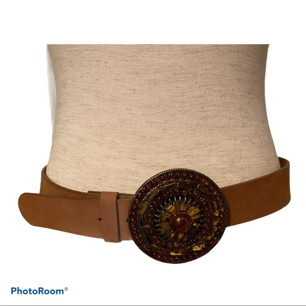 OLGA SANTINI BELT NEW BROWN LEATHER FIRE CIRCLE BUCKLE ADJUSTABLE NWT SIZE L